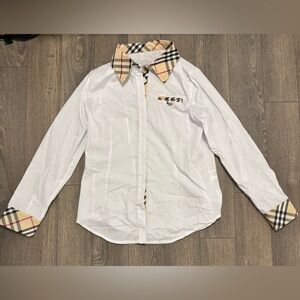Luxury White Button-Up Shirt with Plaid Accents